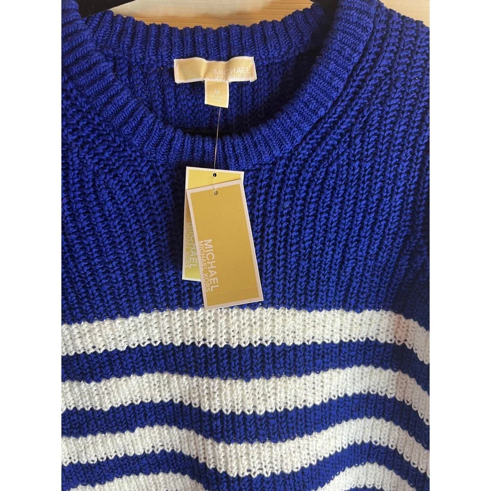 Michael Kors Blue White Striped Knit Crew Neck Sweater Size M‎ NWT
